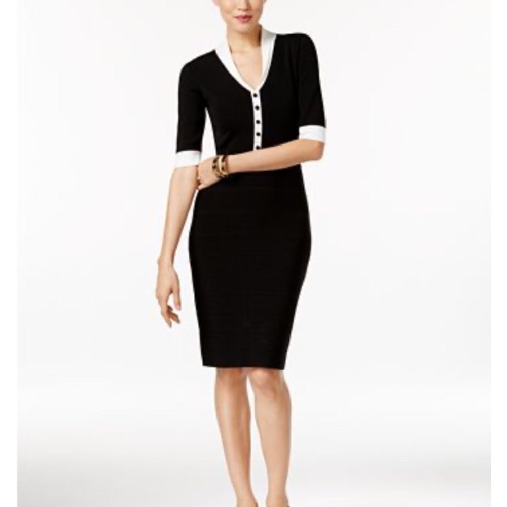 Navy Anne Klein sweater dress with buttons.